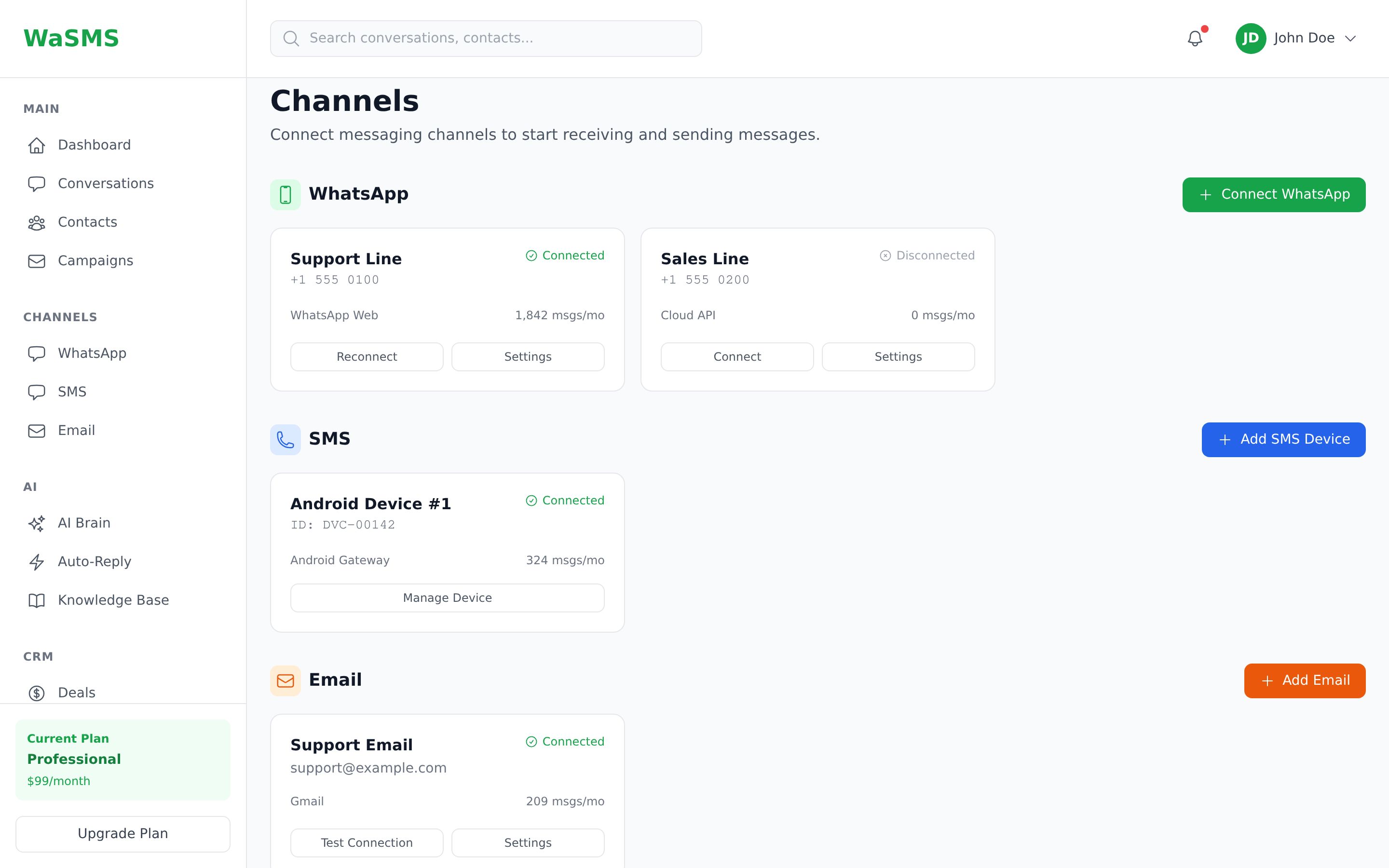 WhatsApp Integration - WaSMS Dashboard
