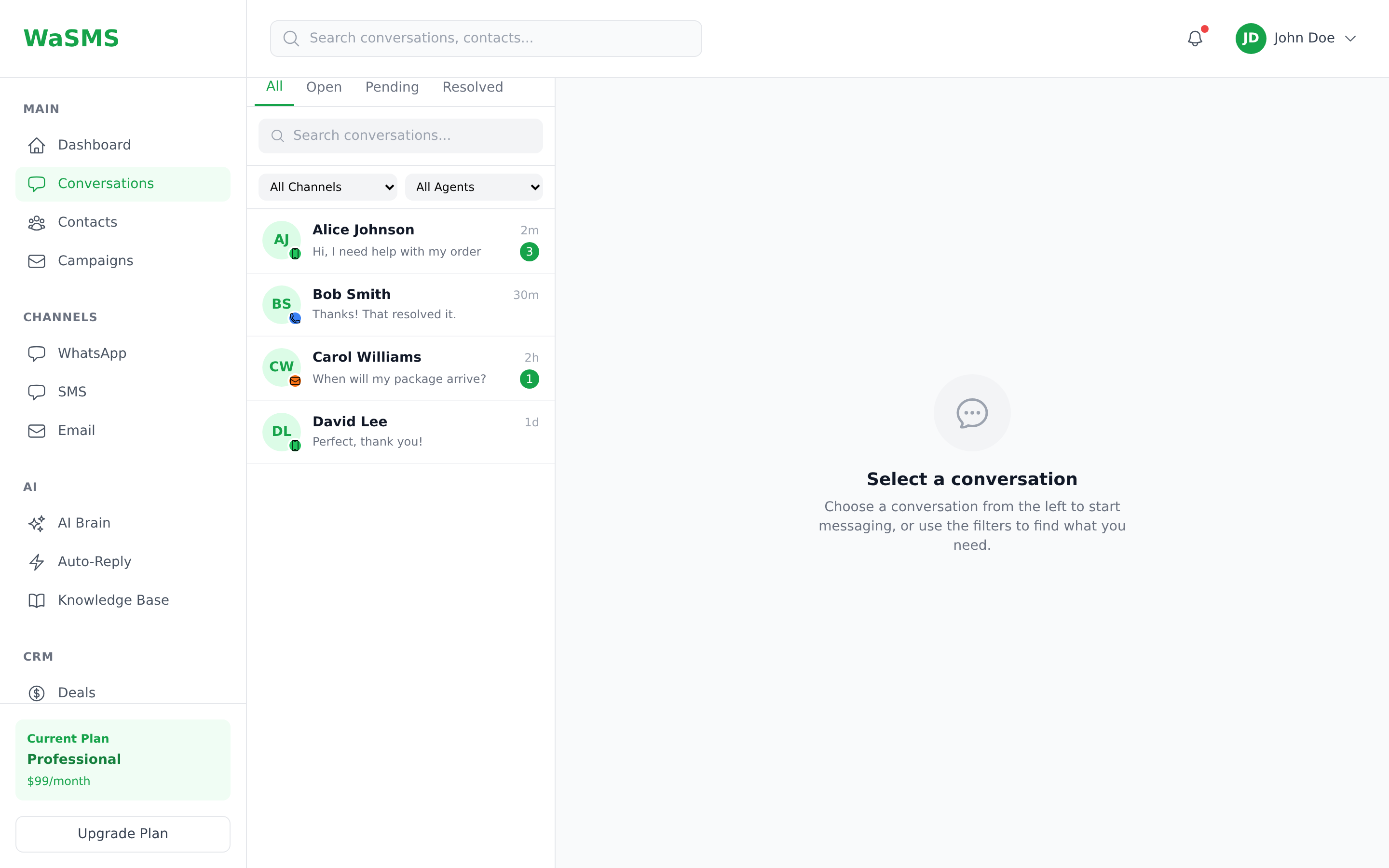 WaSMS Unified Inbox